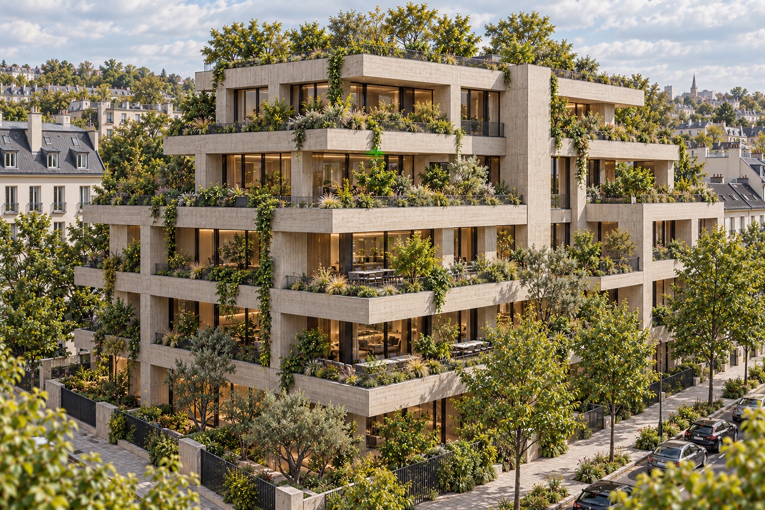 Concept: monumental concrete C8 building with planted terraces and shaded glazing