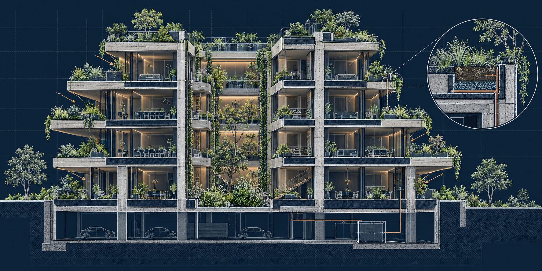 Proposed C8 biophilic section showing a concrete frame, planted terraces, waterproofed planters, drainage and irrigation, shaded glazing, and a connected courtyard. AI-generated concept diagram.