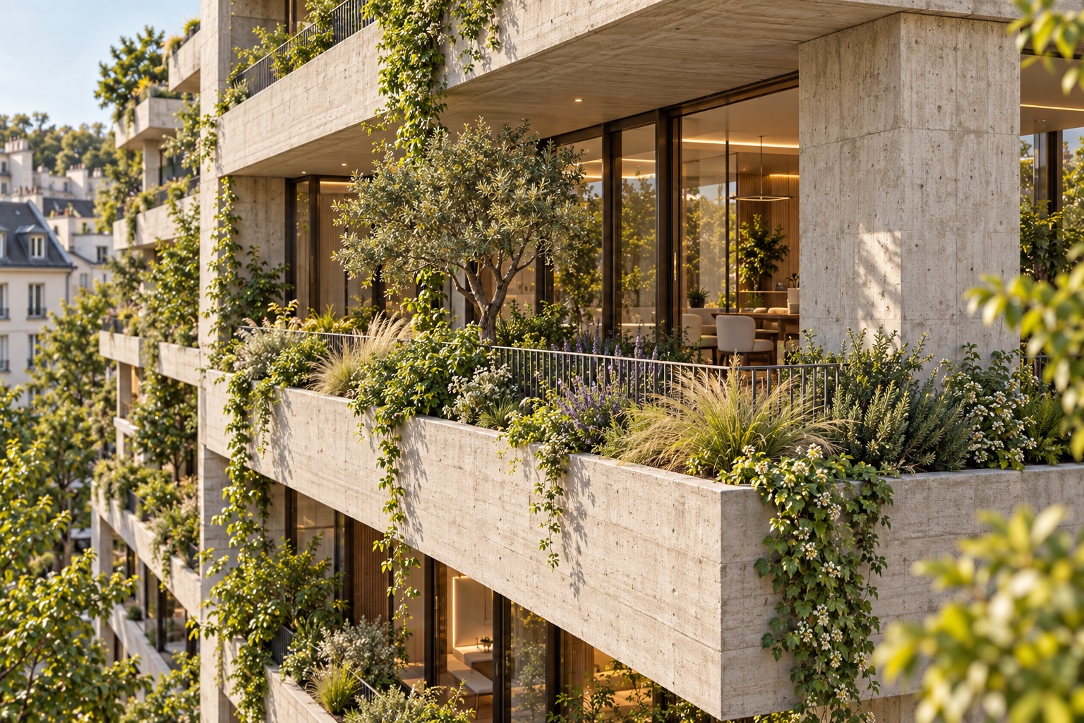 Concept: deep planting integrated with concrete terraces and shaded glazing