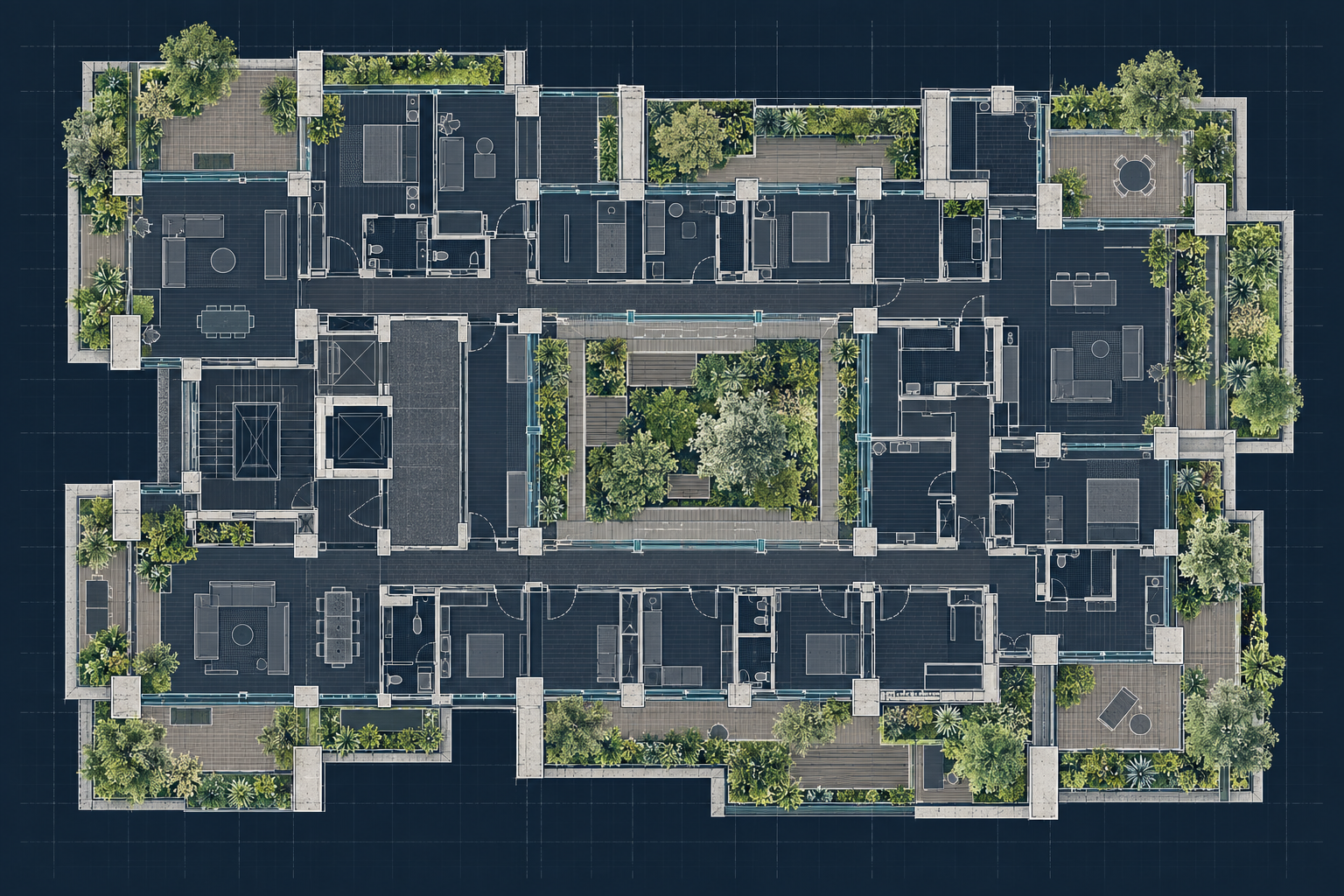 Concept: top-down architectural blueprint of a C8 terrace and circulation floor