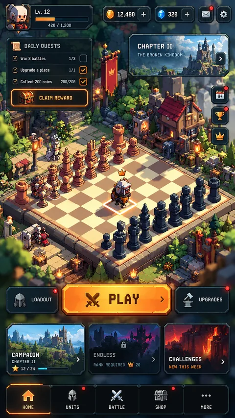 Concept: the game’s home screen, with daily quests, Chapter II “The Broken Kingdom”, the board and a Play button