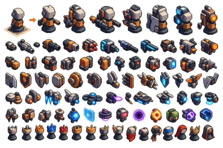 Concept sheet on a transparent background: the pawn unit and its upgrade parts, from cannons and shields to thrusters and crowns